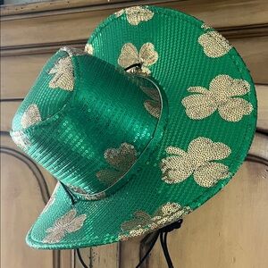 Green Sequin St Patrick's Day Cowboy Hat with Gold Cloverleafs